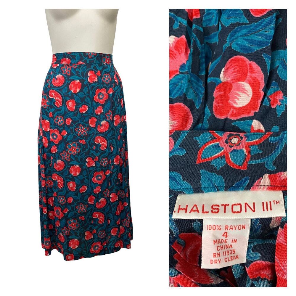 Vintage Halston Skirt Teal Pink Floral Full midi skirt / women’s XS